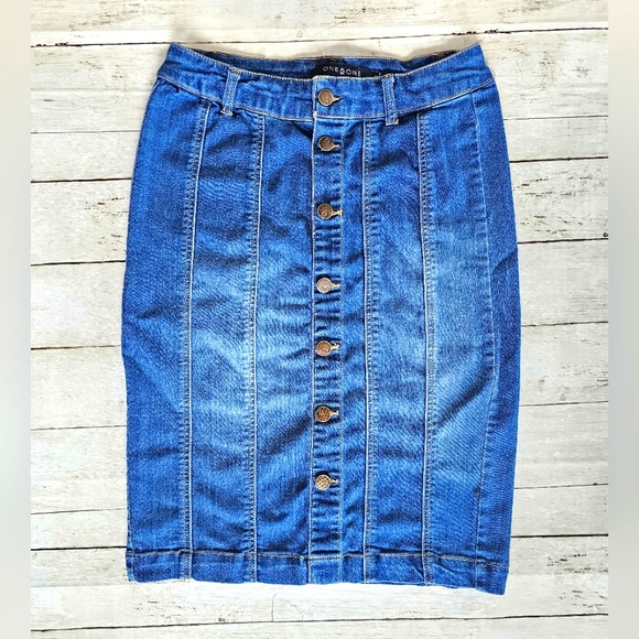 one 5 one Dresses & Skirts - One5one Soft & Stretchy Blue Denim Jean Midi Pencil Button Up Skirt Belt loops